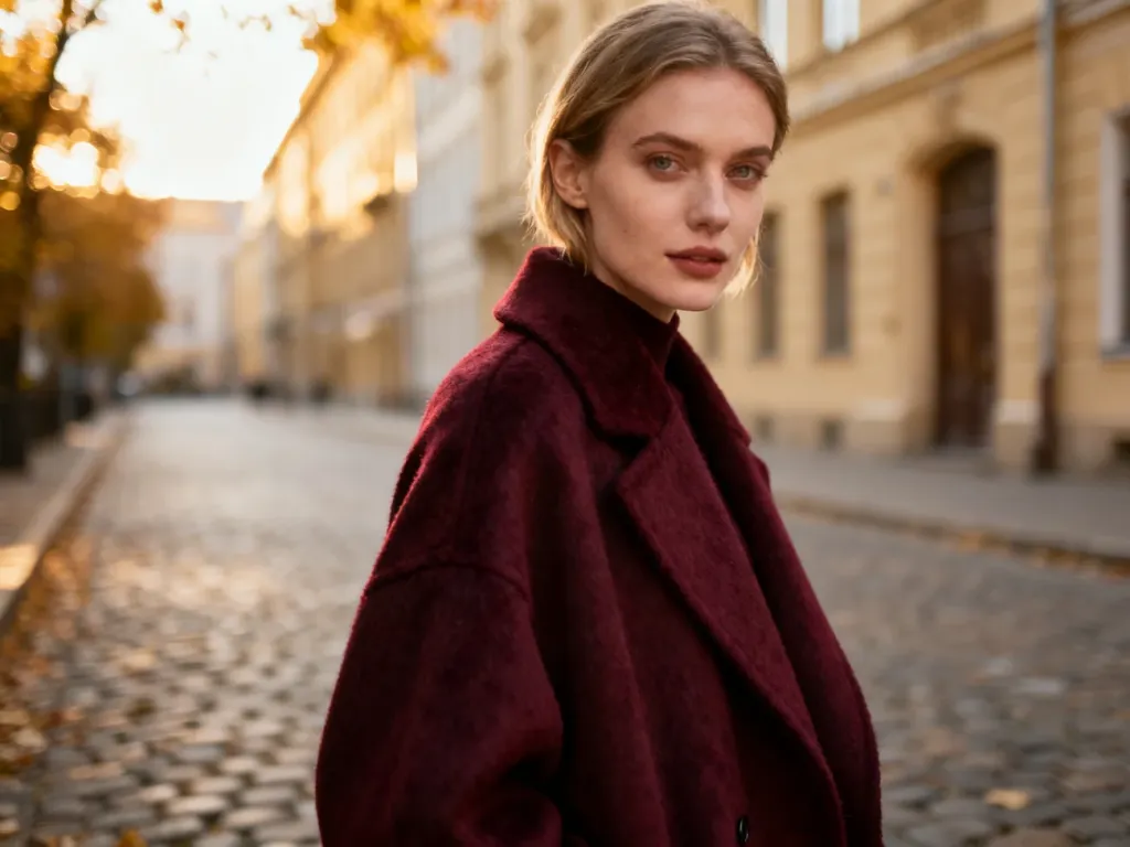 Stylowa kobieta w burgundowym płaszczu z wełny, prezentująca jesienną stylizację na tle miejskiej architektury.