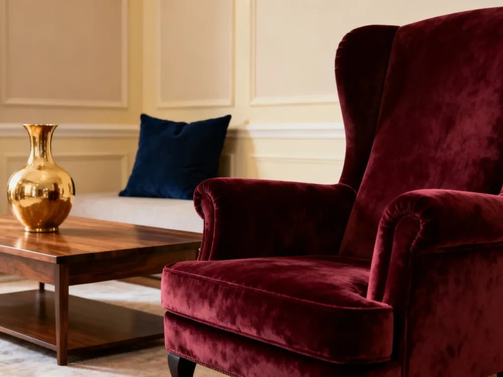 Elegancki salon z bordowym fotelem, beżowymi ścianami i granatowymi akcentami, prezentujący stylowe zestawienie kolorów.