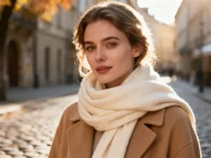 Elegancka kobieta w sukience z ozdobnym dekoltem w minimalistycznym studiu modowym.