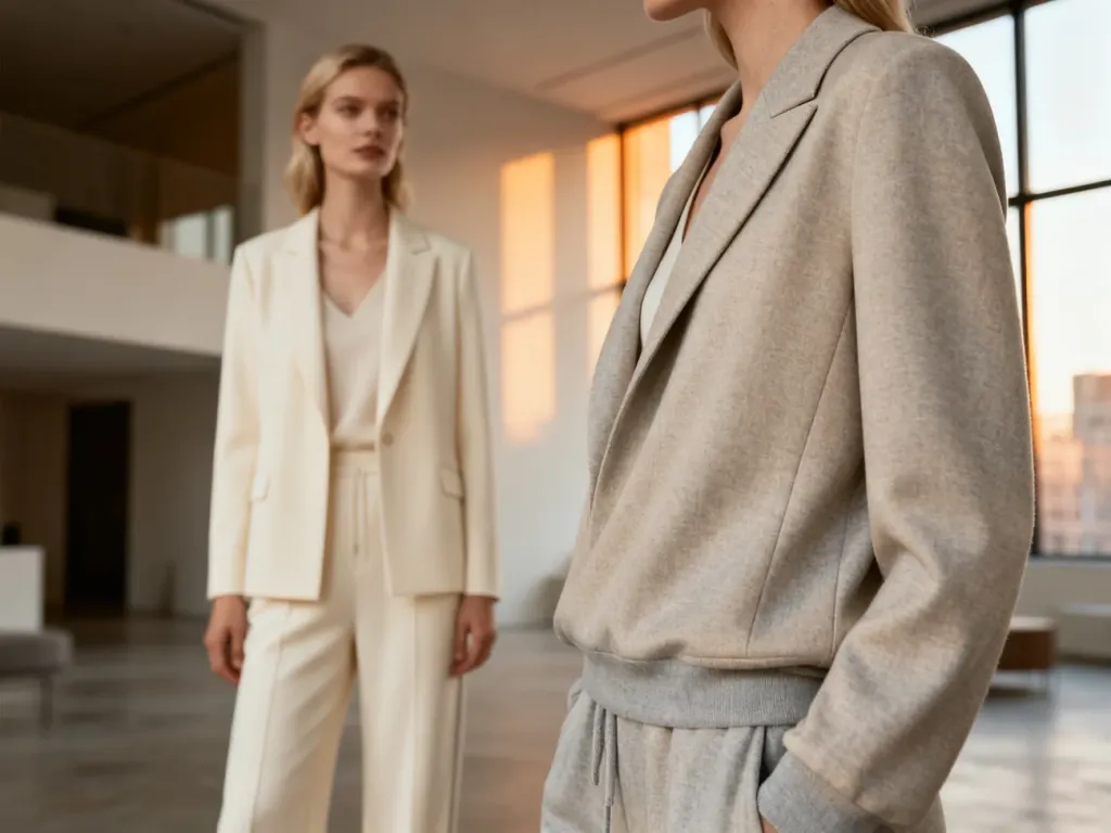 Kobieta w eleganckim, beżowym dresie o wysokiej jakości kroju, prezentująca nowoczesną stylizację w minimalistycznym wnętrzu.